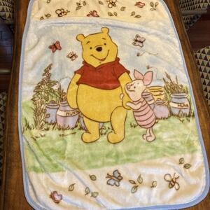 VTG Disney Winnie Pooh Piglet Baby Blanket Fleece Blue Green Honey Crib Nursery